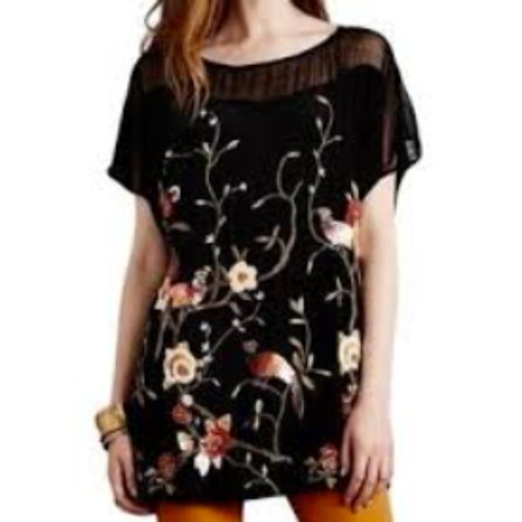 Floreat anthropologie blouse size small sequin embellished sheer floral bird - Picture 1 of 11
